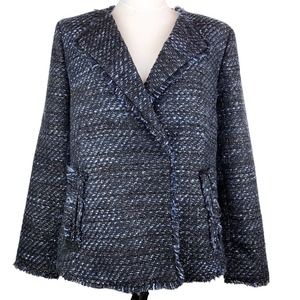 Talbots Metallic Shimmer Tweed Fringed Jacket Blazer. 14 Petite. Blue Black